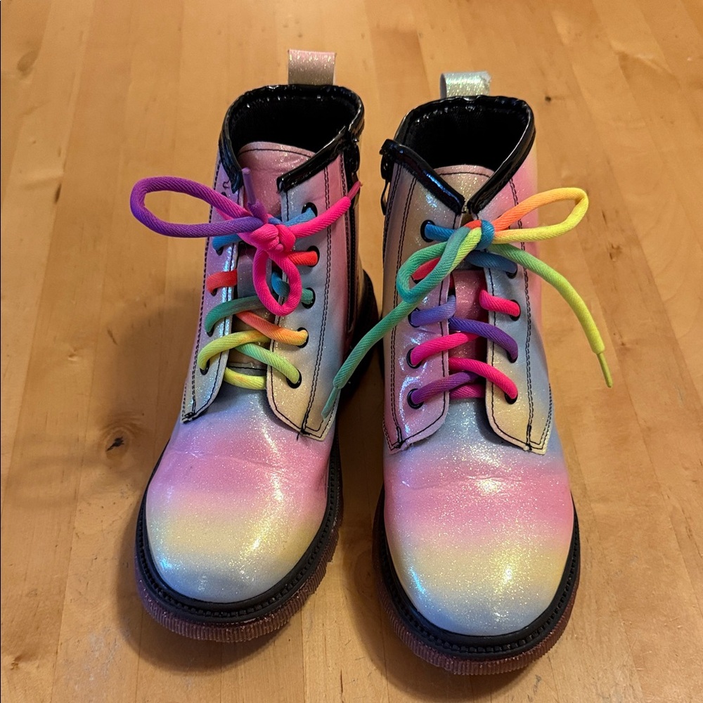 Kids Rainbow Glitter Combat Boots with Rainbow Laces